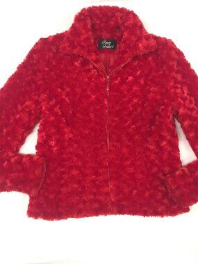 Y2K Retro Women's Small Red Faux Fur Plush Jacket Soft Winter Sherpa Size 4